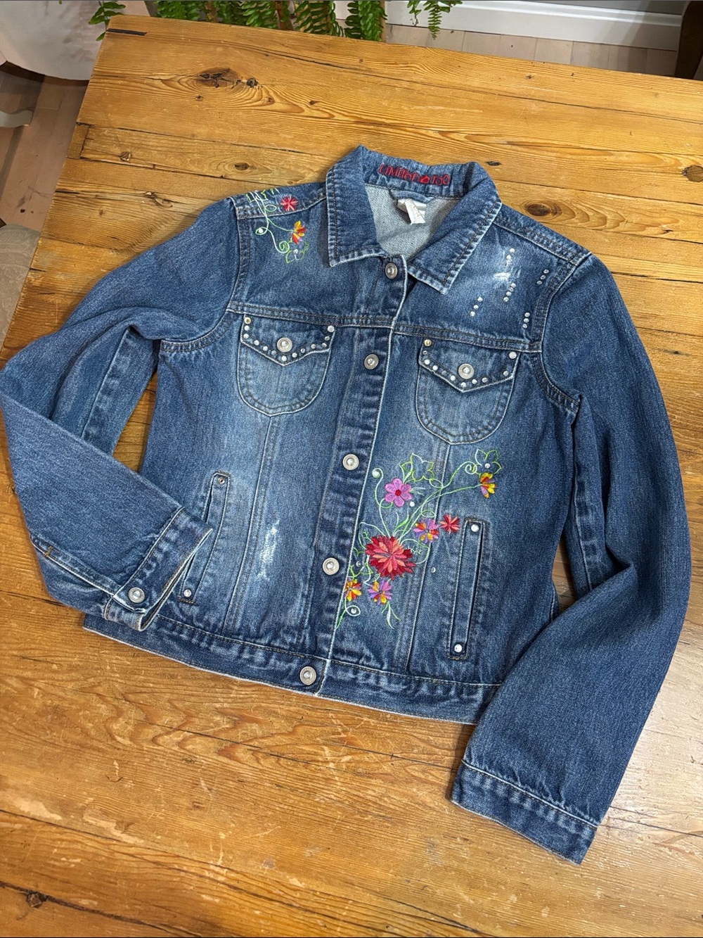 Limited Too Vintage Blue Denim Jacket with Multicolored Floral Embroidery Y2K